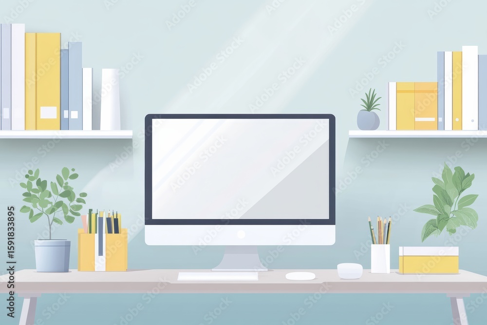 Poster modern workspace design with a computer and organized decor elements for effective productivity