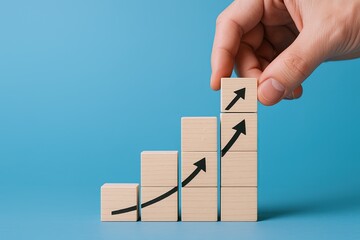 Hand stacking wooden blocks with upward trending arrow representing growth and success.