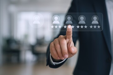 Business Executive Touching Virtual Rating Interface with Finger in Modern Office.