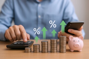 Businessman analyzing mobile phone with financial icons growth charts and piggy bank.