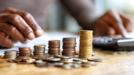 Detailed shot shows an individual managing coins with calculator on table for financial planning.