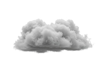 A solitary, photorealistic fluffy grey cloud with intricate volumetric texture and subtle soft shadows, against a transparent seamless studio background with diffused lighting, concept for commercial