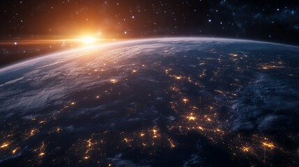 Earth at Sunrise Seen From Space with City Lights and Stars