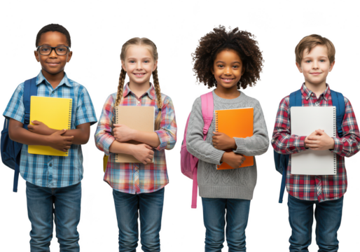 Four diverse elementary school children, holding books and notebooks, stand together smiling isolated on transparent background