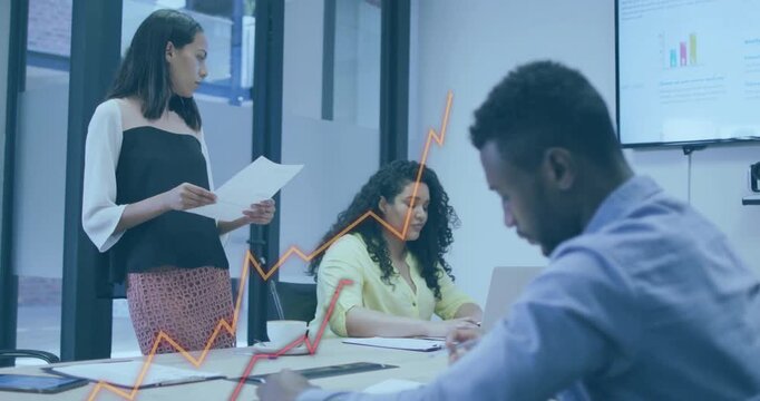 Finance analyst presenting charts causing colleagues typing, graph overlays sliding for strategy