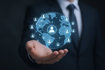 Businessman in suit holding holographic digital global network with icons and user connections.