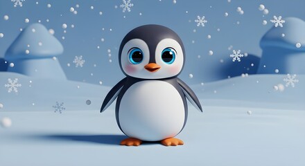 "Adorable Cartoon Baby Penguin in Snowy Winter Scene"
