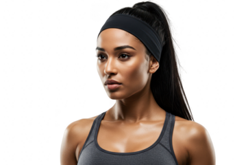 A confident woman with dark hair and a black headband, wearing a grey sports tank top, isolated on white isolated on transparent background