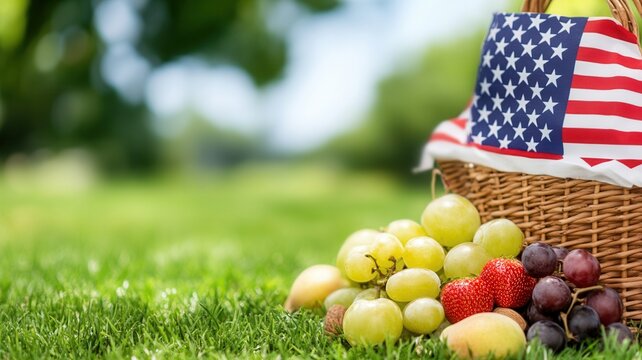 Wicker basket holding usa flag near on fruits ripe green lawn, symbolizing festive fourth of july outdoor picnic celebration - Powered by Adobe