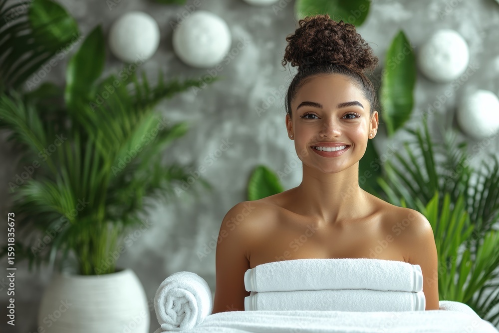 Poster relaxation and joy captured in a serene spa setting with a smiling individual amidst greenery