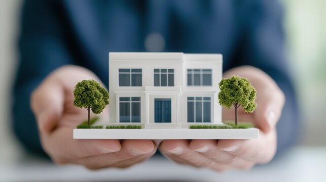 Architect reviewing featuring architectural model intricate sustainable home design, lush greenery, and eco friendly landscape elements - Powered by Adobe