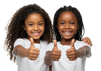 Two happy young girls, one with curly hair and one with braided hair, give a thumbs up gesture, isolated on a transparent background