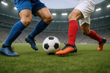 Fototapeta premium Close-up of two young soccer players competing for ball on vibrant field during match.