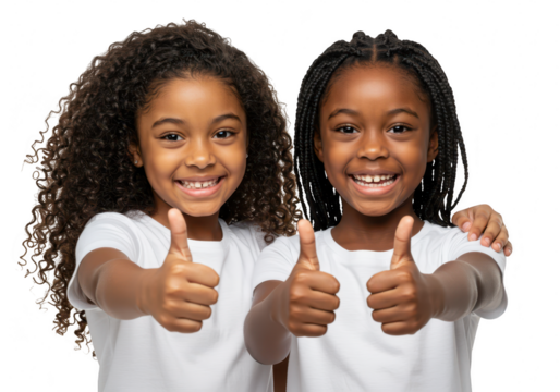 Two happy young girls, one with curly hair and one with braided hair, give a thumbs up gesture, isolated on a transparent background