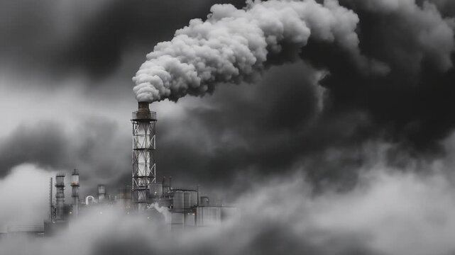 A factory chimney emits dark smoke, symbolizing unchecked industrial activity and environmental impact.