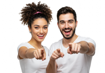 A happy mixedrace couple pointing forward with broad smiles, isolated on a transparent background