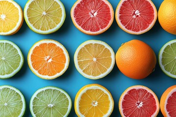 Fototapeta premium Fresh citrus fruit arrangement showcasing vibrant colors and variety for advertising layout