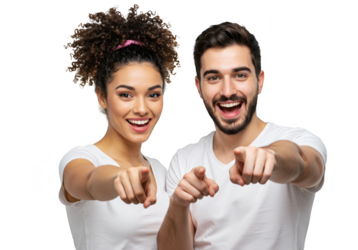 A happy mixedrace couple pointing forward with broad smiles, isolated on a transparent background
