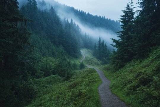 Serene winding path through misty forest in early morning light