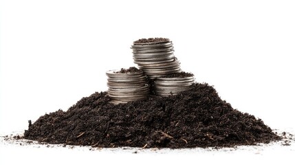 Stacks of coins layered with dark soil creating a money growth, investment, and future success.