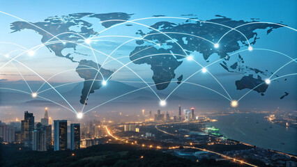 Global network connections overlaying a vibrant cityscape showing international business and digital connectivity, illustrating worldwide communication