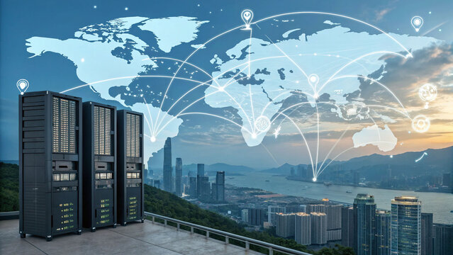 Data centers are connected globally, server racks stand against a skyline with global connectivity, reflecting cloud technology and network infrastructure