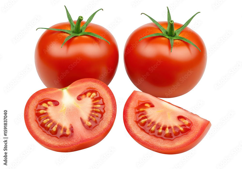 Poster two whole ripe red tomatoes with one sliced in half and a wedge, isolated on a transparent backgroun