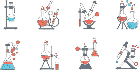 Vector art of various chemistry beakers and flasks with colorful liquids and stands are isolated on transparent background