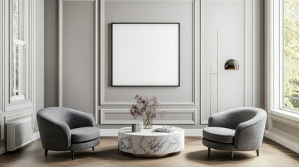 Gray armchairs in a classic interior with a blank art print.