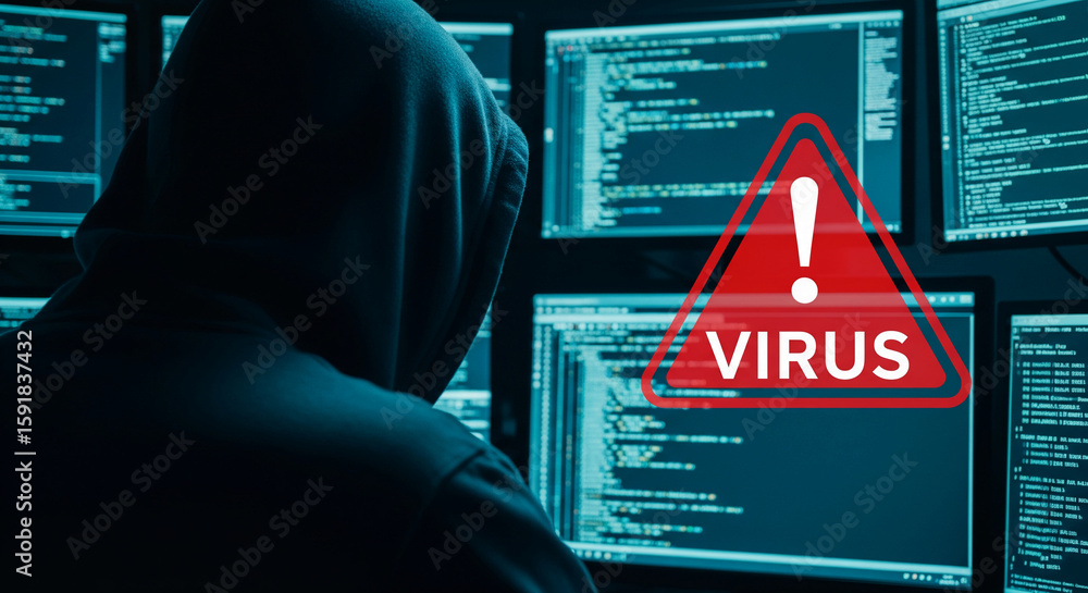 Poster hooded figure sits before multiple computer screens displaying code, a red virus warning overlayed, 