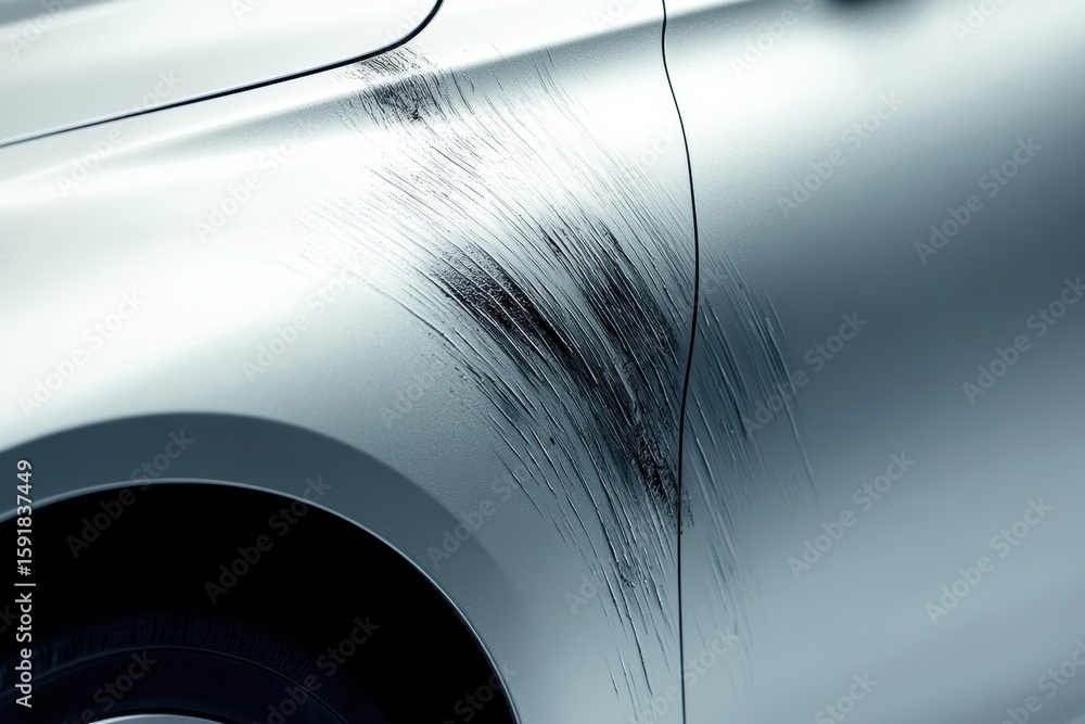 Poster vehicle side with scratches and marks left by previous contact in urban setting