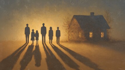 Silhouettes of a family and a glowing house in mist, a conceptual artwork representing home, warmth, and togetherness, an atmospheric scene