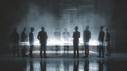 Silhouettes of business figures around a glowing data table, a conceptual representation of technological discussion and collaboration, a futuristic meeting
