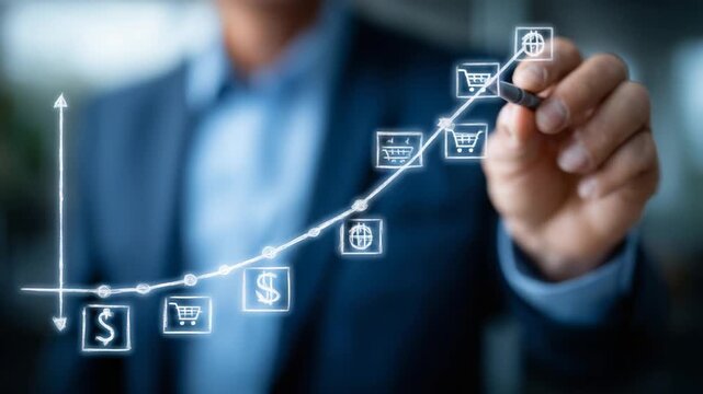 An economist illustrates price equilibrium using a transparent board with a supply and demand curve and interactive floating icons.
