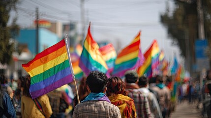 Obraz premium People proudly march down a city street with many rainbow flags, expressing unity and celebration.