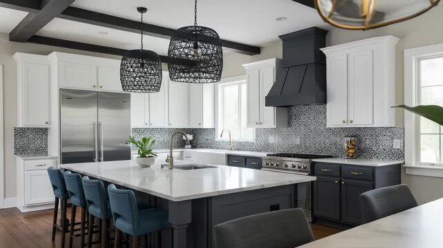 Elegant Kitchen: Featuring a gray kitchen island and black-and-white patterned backsplash for a refined culinary space.