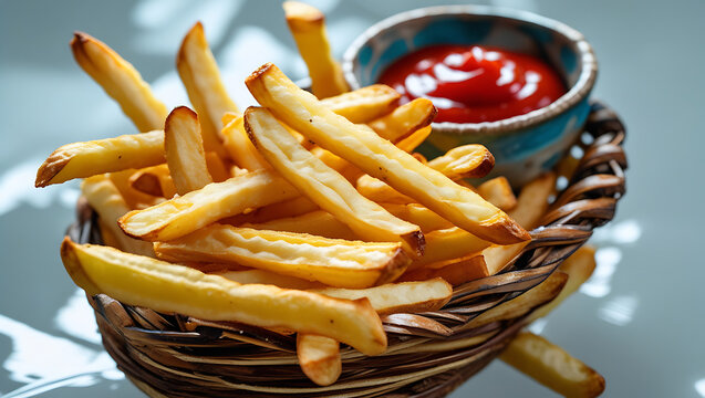 French fries with ketchup and mustard, 8K image