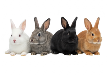 Four adorable baby bunnies of different colors sit together on a transparent background