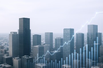 Urban skyline with skyscrapers and financial growth graphs during thunderstorm.