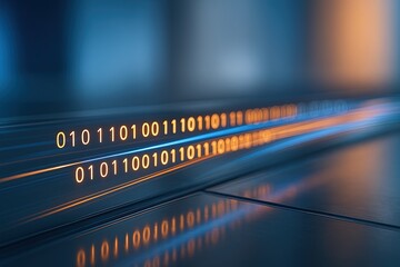 Close-up of glowing binary code digitally displayed on a futuristic reflective surface.