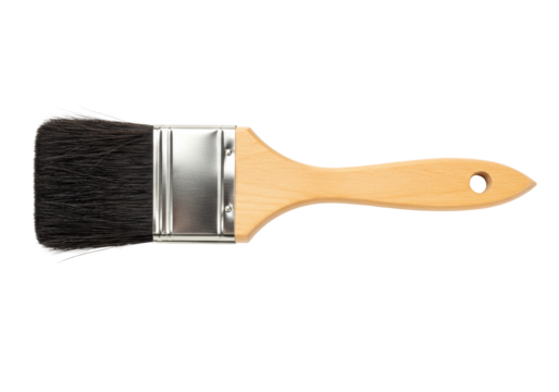 New wide paintbrush with a light brown wooden handle, silver ferrule, dark natural bristles, tips lighter, positioned horizontally against a transparent isolated background, studio lit, no shadows,