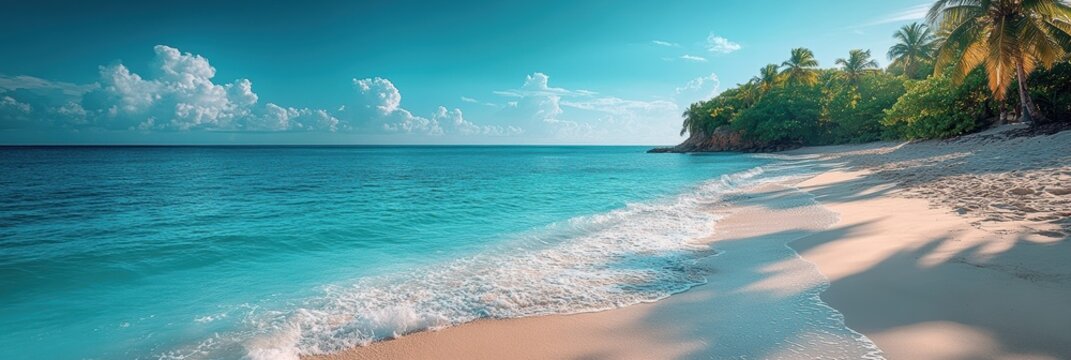Beautiful tropical beach with clear turquoise water and soft sand near lush greenery