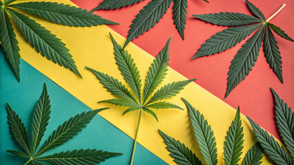 Colorful composition featuring fresh green cannabis leaves arranged against a vibrant tricolor background creating an eye-catching botanical design