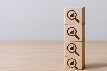 Four wooden blocks stacked on top of each other with bar chart icons engraved on each block.