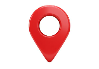 A bright red, glossy 3d map location pin icon, isolated on a transparent background