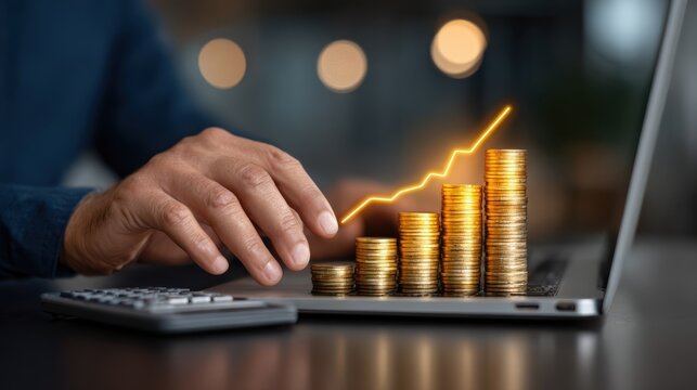 A person s hand interacts with stacks of gold coins on a laptop symbolizing financial growth and investment success