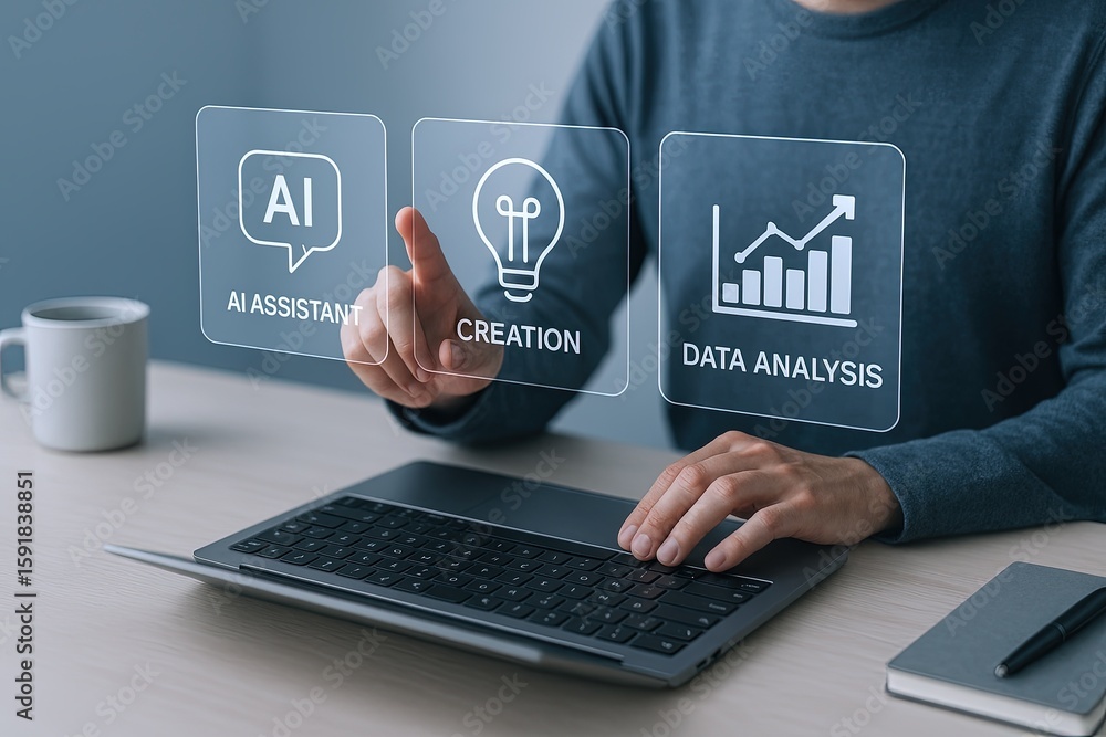 Poster businessperson using transparent interactive digital data analysis and ai assistance.