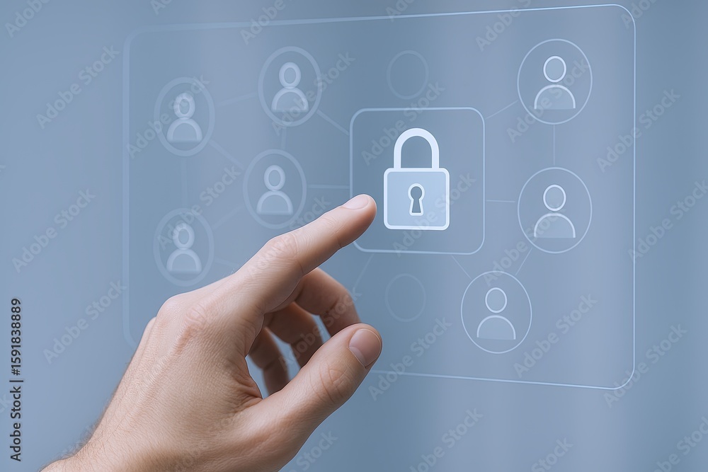Aufkleber modern digital security concept showing a hand touching a lock icon on a transparent futuristic touc