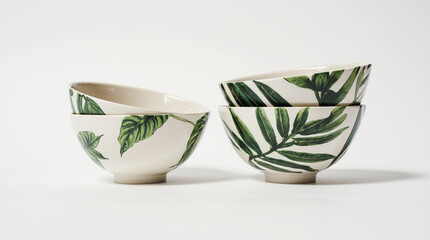 Ceramic bowls featuring leafy botanical design, stacked against a pristine white backdrop creating an elegant and nature inspired table setting.
