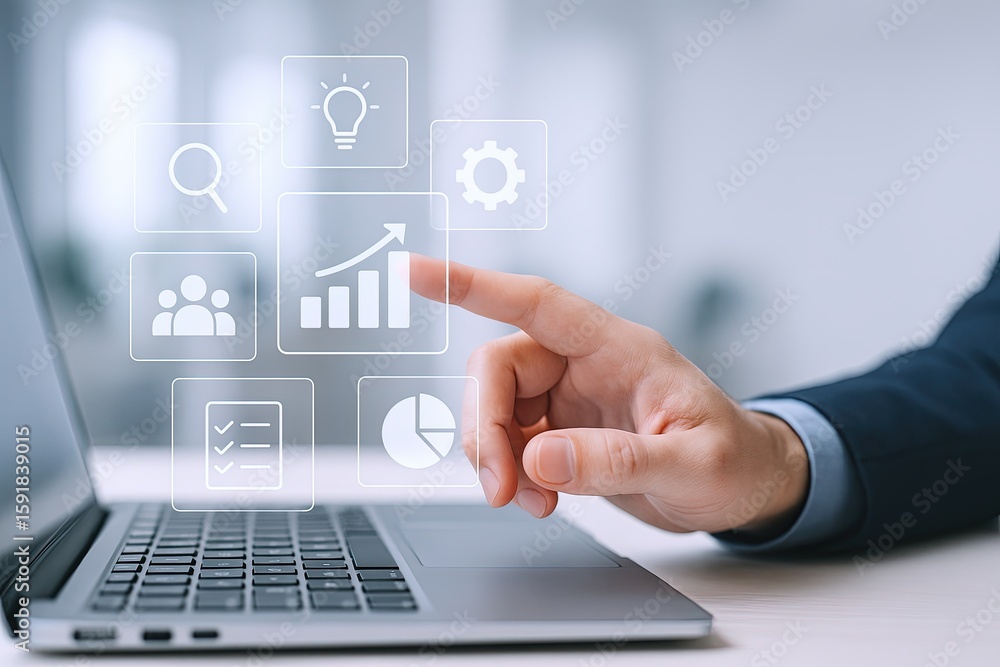 Poster business person using digital interface with icons representing growth and technology.